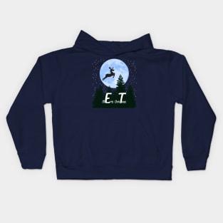 Classic sci-fi movie christmas style design, Reindeer flies above the woods Kids Hoodie